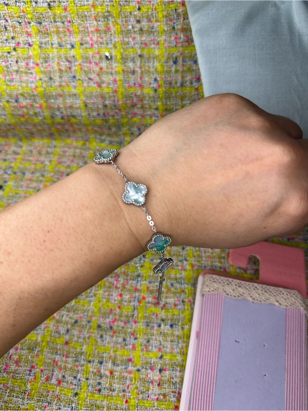 Delicate Silver Clover Bracelet with Blue-Green Stones